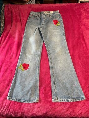 Mudd Light Wash Flare Jeans with Red Rose Embroidery